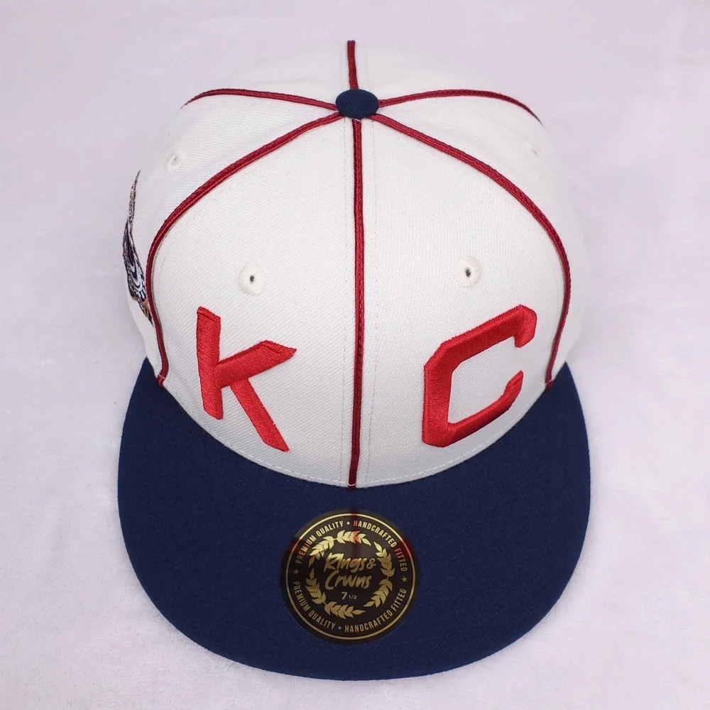 KC Monarchs Rings & Crowns NLB Fitted 7 1/2 Flatbill‎ Hat Cap 3D Logo White NWT
